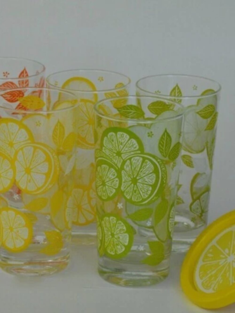 6 Vtg MCM Glass Tumblers Citrus Motif Bright Colors Lime Lemon Orange w Coasters